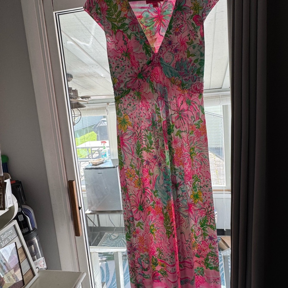 Lilly Pulitzer Pink and Green Flutter Sleeve Wrap Sundress